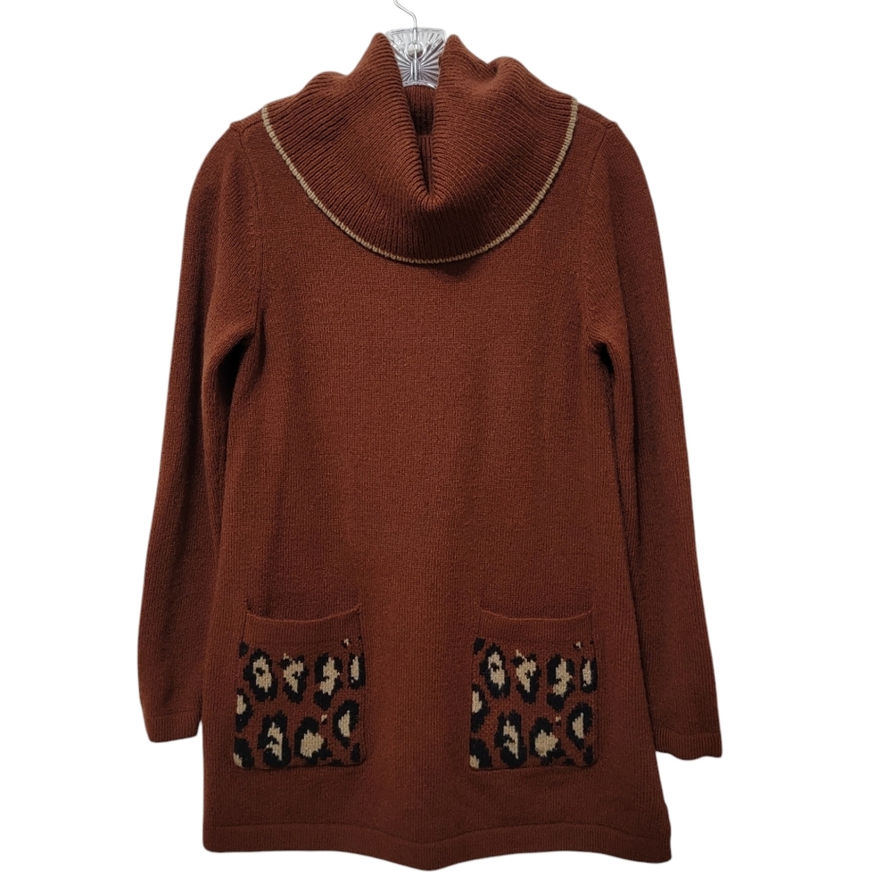 LOGO | Agatha Cowl Neck Sweater Leopard Print Pockets Oversized Tunic Rust Brown